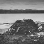 Woman and child sitting by the turf hut with sheep and dog.jpg